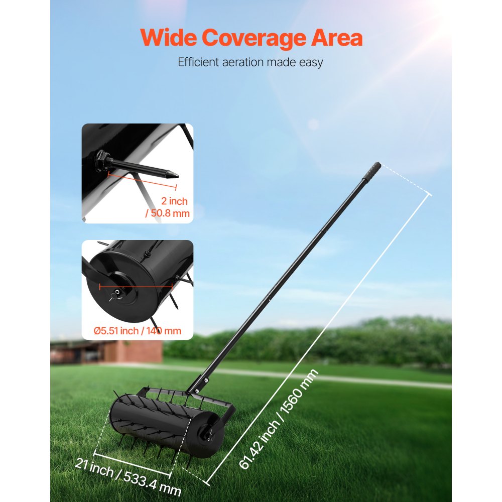 VEVOR Aireador de Césped Rodante Manual Resistente de 533,4 mm con Mango Desmontable y 33 Púas de Hierro, Herramienta de Aireación de Césped Rodante para Jardín, Suelos Compactados y Césped, Negro
