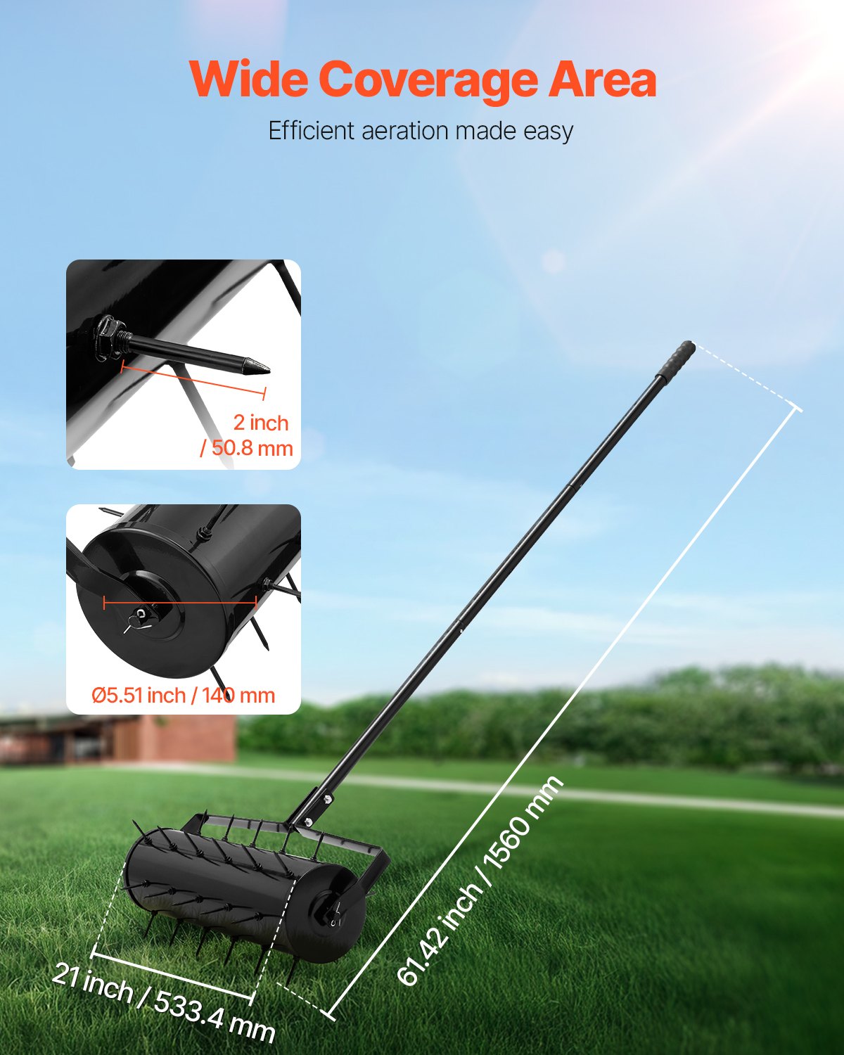 VEVOR Aireador de Césped Rodante Manual Resistente de 533,4 mm con Mango Desmontable y 33 Púas de Hierro, Herramienta de Aireación de Césped Rodante para Jardín, Suelos Compactados y Césped, Negro