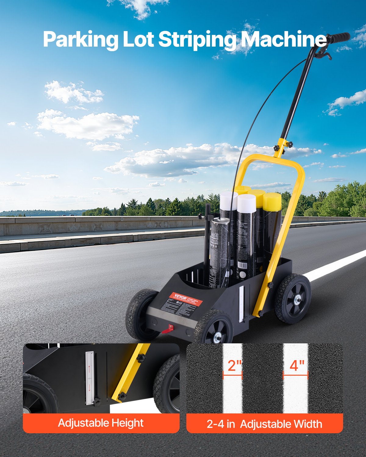 VEVOR Marking Machine, Strip Marking Machine 56-102 mm (adjustable stripe width), 61 x 33 x 90 cm, 4 wheels, heavy-duty marking machine for parking lots and sports fields, black