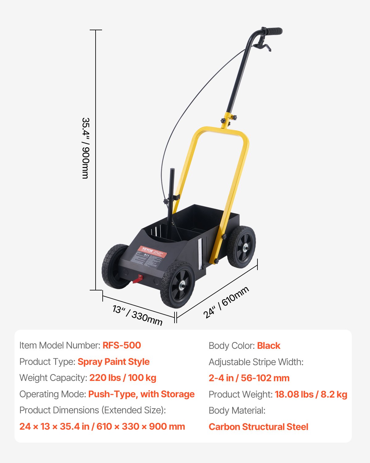 VEVOR Marking Machine, Strip Marking Machine 56-102 mm (adjustable stripe width), 61 x 33 x 90 cm, 4 wheels, heavy-duty marking machine for parking lots and sports fields, black