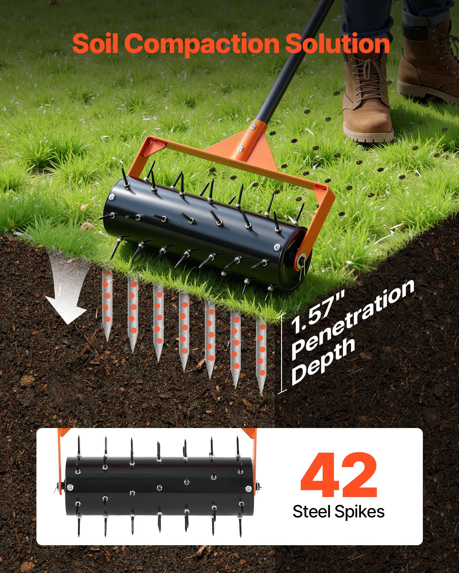 VEVOR Aireador de Césped Rodante con 42 Púas de Acero de 5 cm, Mango Largo de 152 cm, Tambor Rellenable con Arena, Herramienta de Aireación de Césped Manual para Jardín Patio y Zonas para Mascotas