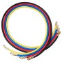 Mangueras codificadas por colores con conectores de latón para el manómetro múltiple de CA VEVOR en rojo, amarillo, azul y negro.