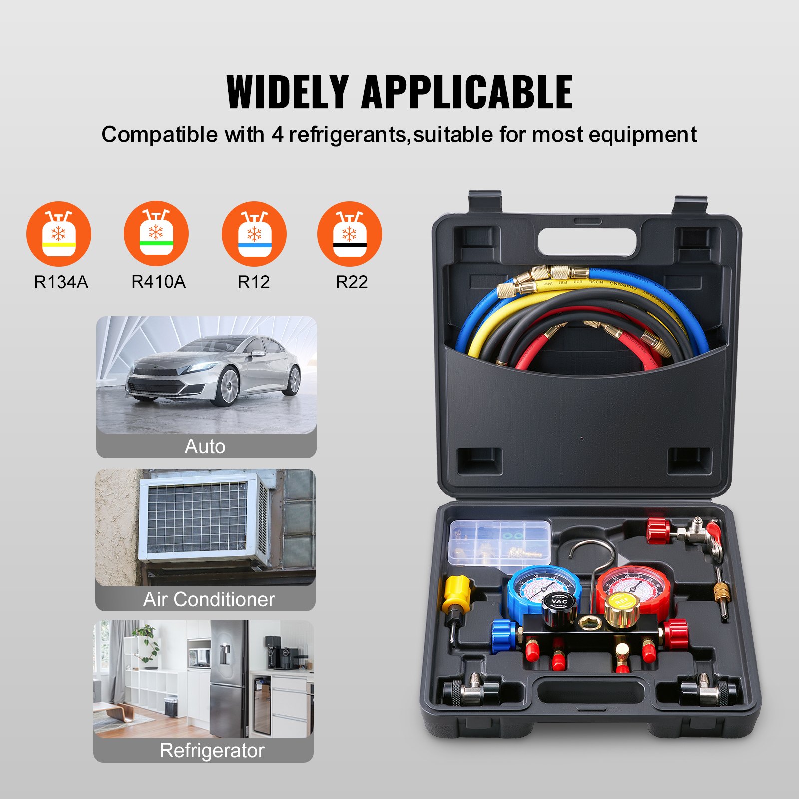 VEVOR Juego de Manómetros 4 Vías para Carga de Refrigeración R134A R22 R12 R410A Manguera de Recarga de Refrigerante de con Manómetro y Adaptador Caja de Refrigeración para Refrigerante