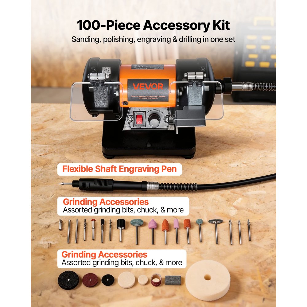 VEVOR Esmeriladora Doble 200 W, Amoladora de Banco, 8300-10600 RPM Velocidades Ajustables, Protección contra Chispas, Kit de Accesorios de 100 Piezas, Multifuncional para Madera Piedra Metal Joyería