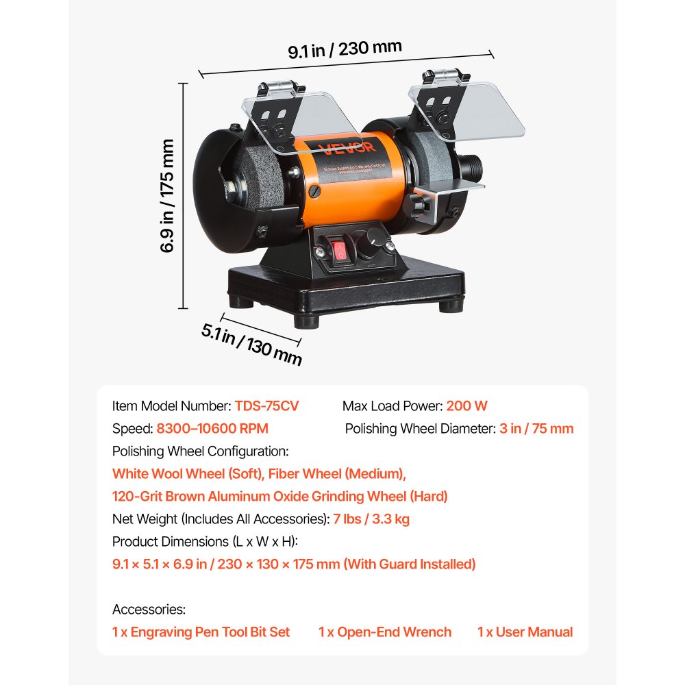 VEVOR Esmeriladora Doble 200 W, Amoladora de Banco, 8300-10600 RPM Velocidades Ajustables, Protección contra Chispas, Kit de Accesorios de 100 Piezas, Multifuncional para Madera Piedra Metal Joyería