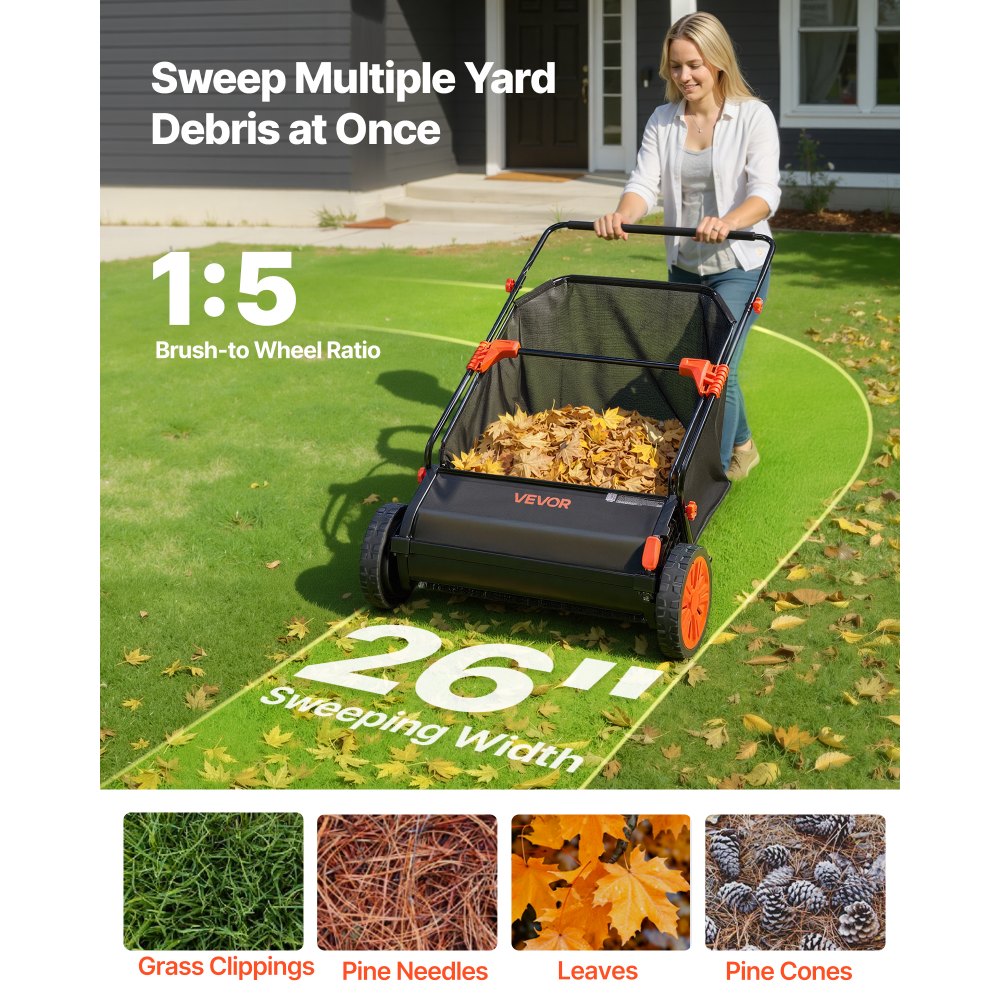 VEVOR Barredora Peinadora Césped Manual, Ancho de Trabajo de 66 cm, Cepillo para Césped, Saco de Recogida de 198 L, 10 Alturas Ajustables, para Limpiar Hojas Piñas Agujas de Pino en Jardín Acera Patio