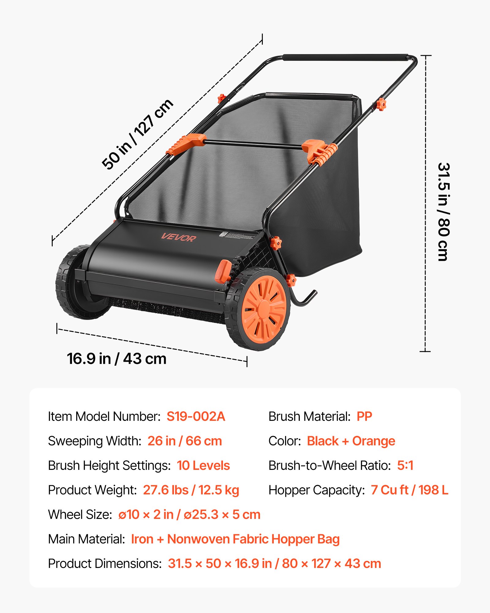 VEVOR Barredora Peinadora Césped Manual, Ancho de Trabajo de 66 cm, Cepillo para Césped, Saco de Recogida de 198 L, 10 Alturas Ajustables, para Limpiar Hojas Piñas Agujas de Pino en Jardín Acera Patio