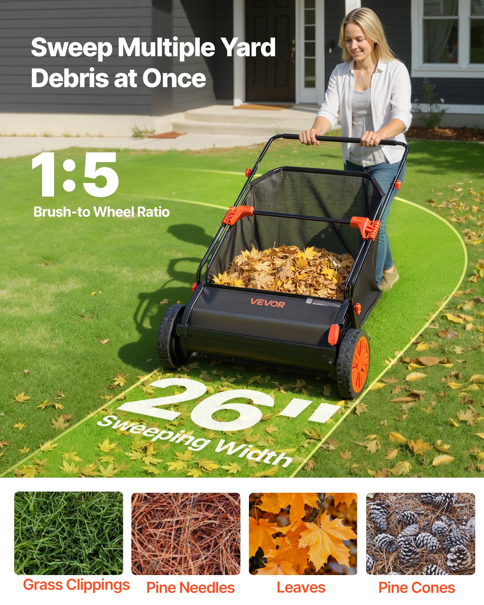 VEVOR Barredora Peinadora Césped Manual, Ancho de Trabajo de 66 cm, Cepillo para Césped, Saco de Recogida de 198 L, 10 Alturas Ajustables, para Limpiar Hojas Piñas Agujas de Pino en Jardín Acera Patio