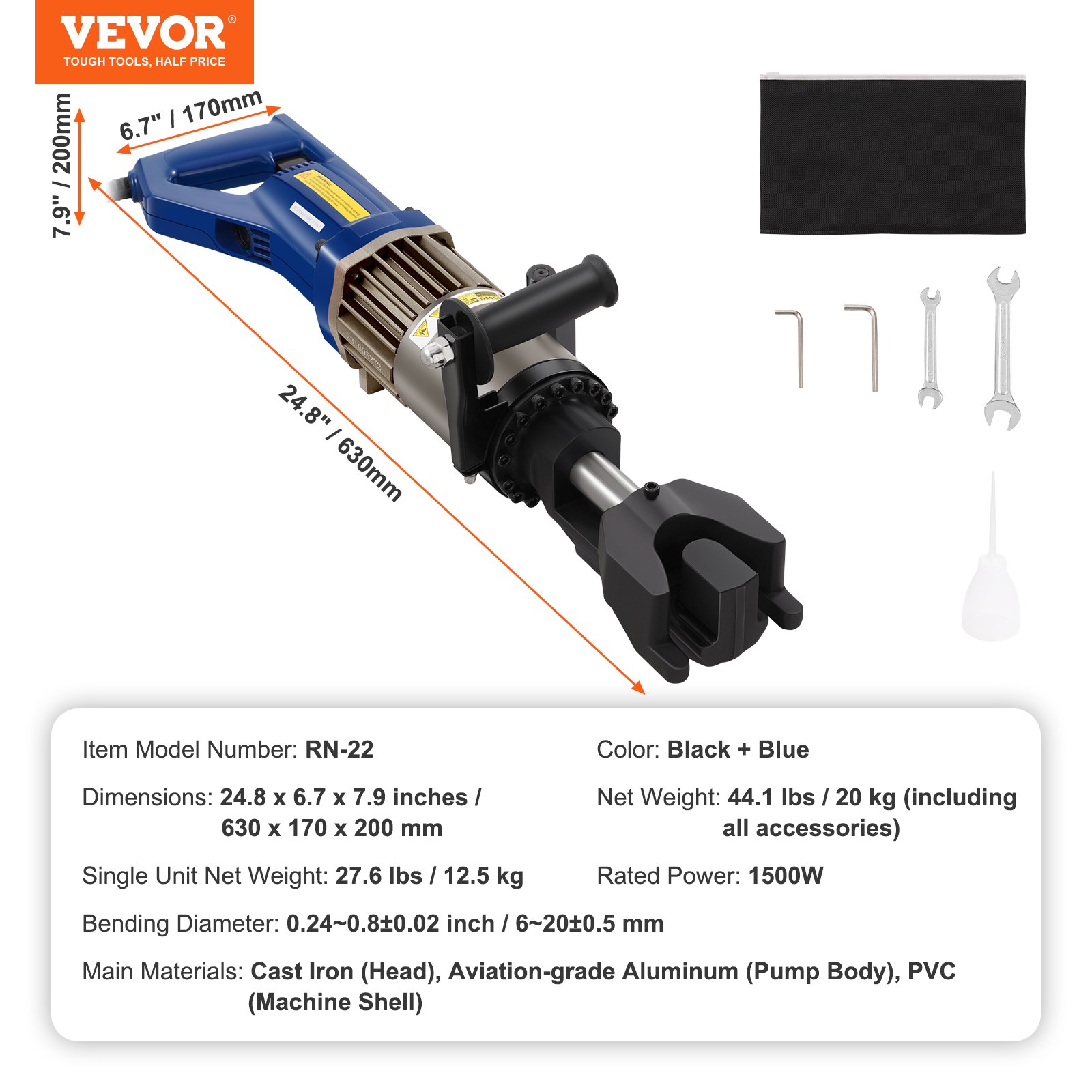 VEVOR Dobladora de Varillas de Refuerzo Hidráulica Eléctrica, 1500 W, hasta 6-20 mm en 4 Segundos, Acero de Alta Potencia con Caja de Herramientas y Lata de Aceite, Negro y Azul, 630 x 170 x 200 mm