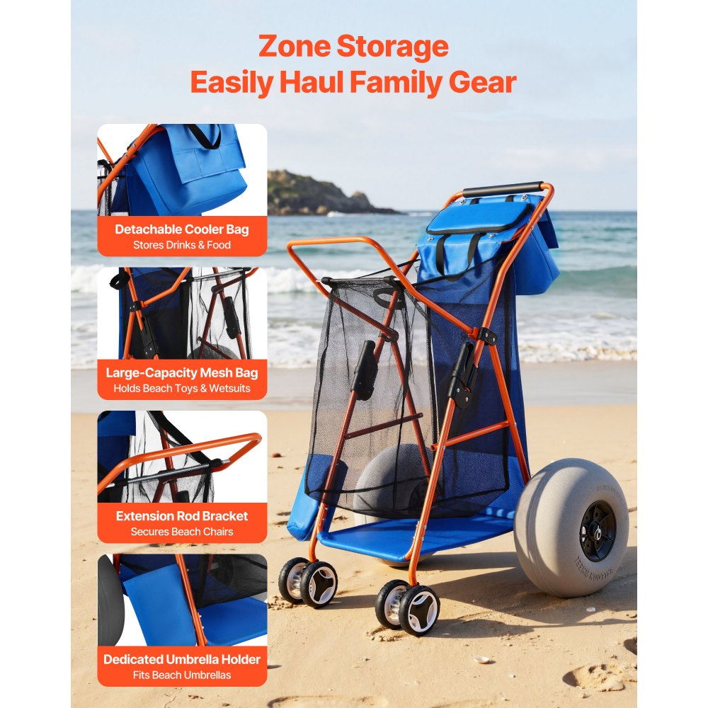 VEVOR Carro de Playa con Ruedas de Globo, Carrito Plegable Capacidad de Carga de 75 kg, con Bolsa Térmica, Soporte para Sombrilla, Marco de Acero para Camping, Pesca, Eventos Deportivos, Picnics