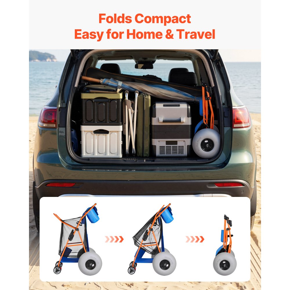 VEVOR Carro de Playa con Ruedas de Globo, Carrito Plegable Capacidad de Carga de 75 kg, con Bolsa Térmica, Soporte para Sombrilla, Marco de Acero para Camping, Pesca, Eventos Deportivos, Picnics