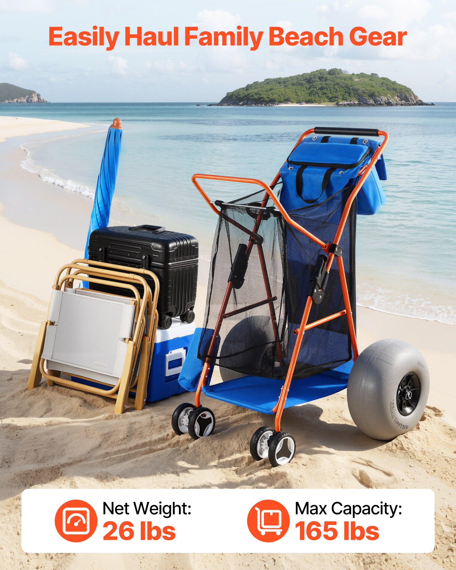 VEVOR Carro de Playa con Ruedas de Globo, Carrito Plegable Capacidad de Carga de 75 kg, con Bolsa Térmica, Soporte para Sombrilla, Marco de Acero para Camping, Pesca, Eventos Deportivos, Picnics