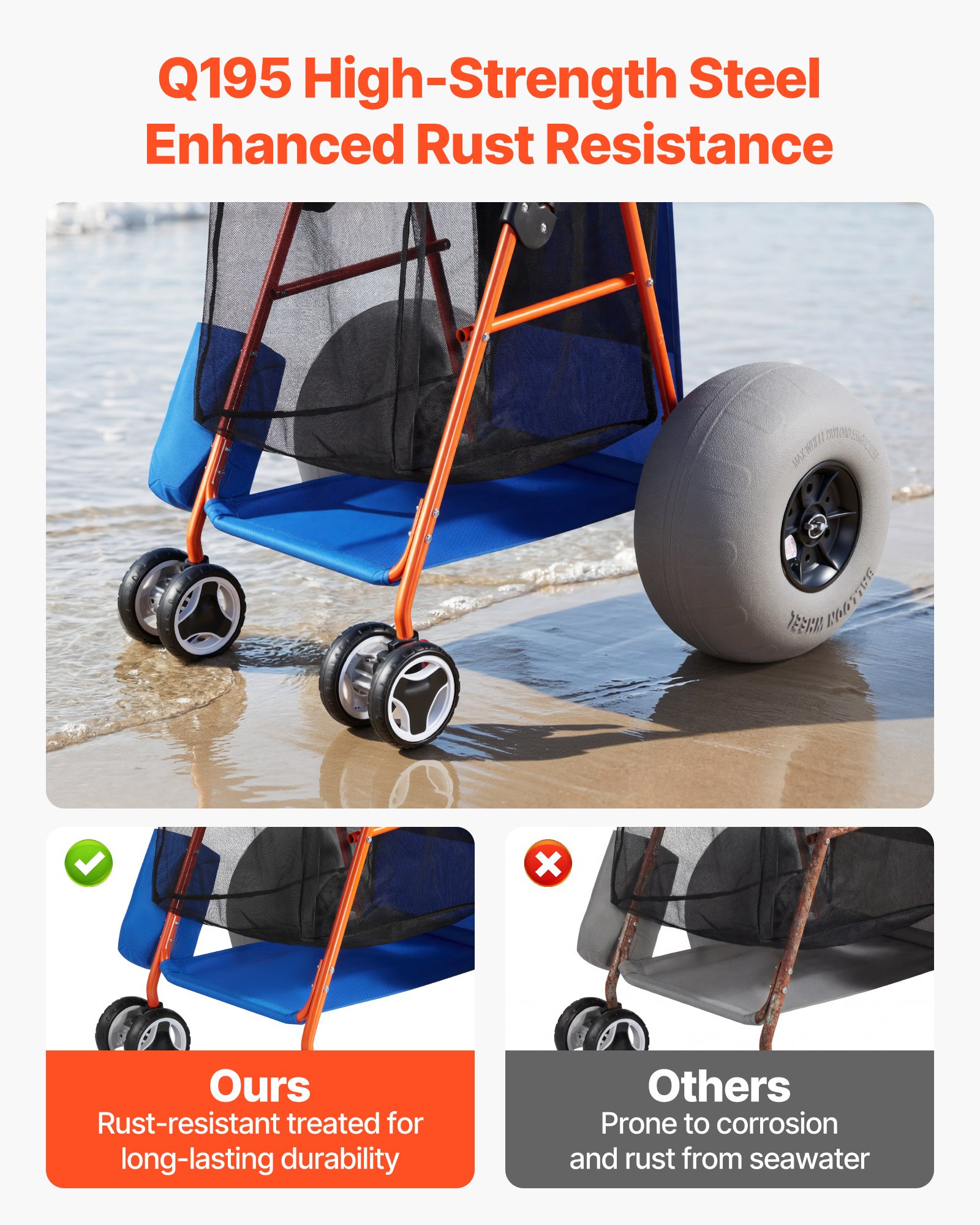 VEVOR Carro de Playa con Ruedas de Globo, Carrito Plegable Capacidad de Carga de 75 kg, con Bolsa Térmica, Soporte para Sombrilla, Marco de Acero para Camping, Pesca, Eventos Deportivos, Picnics