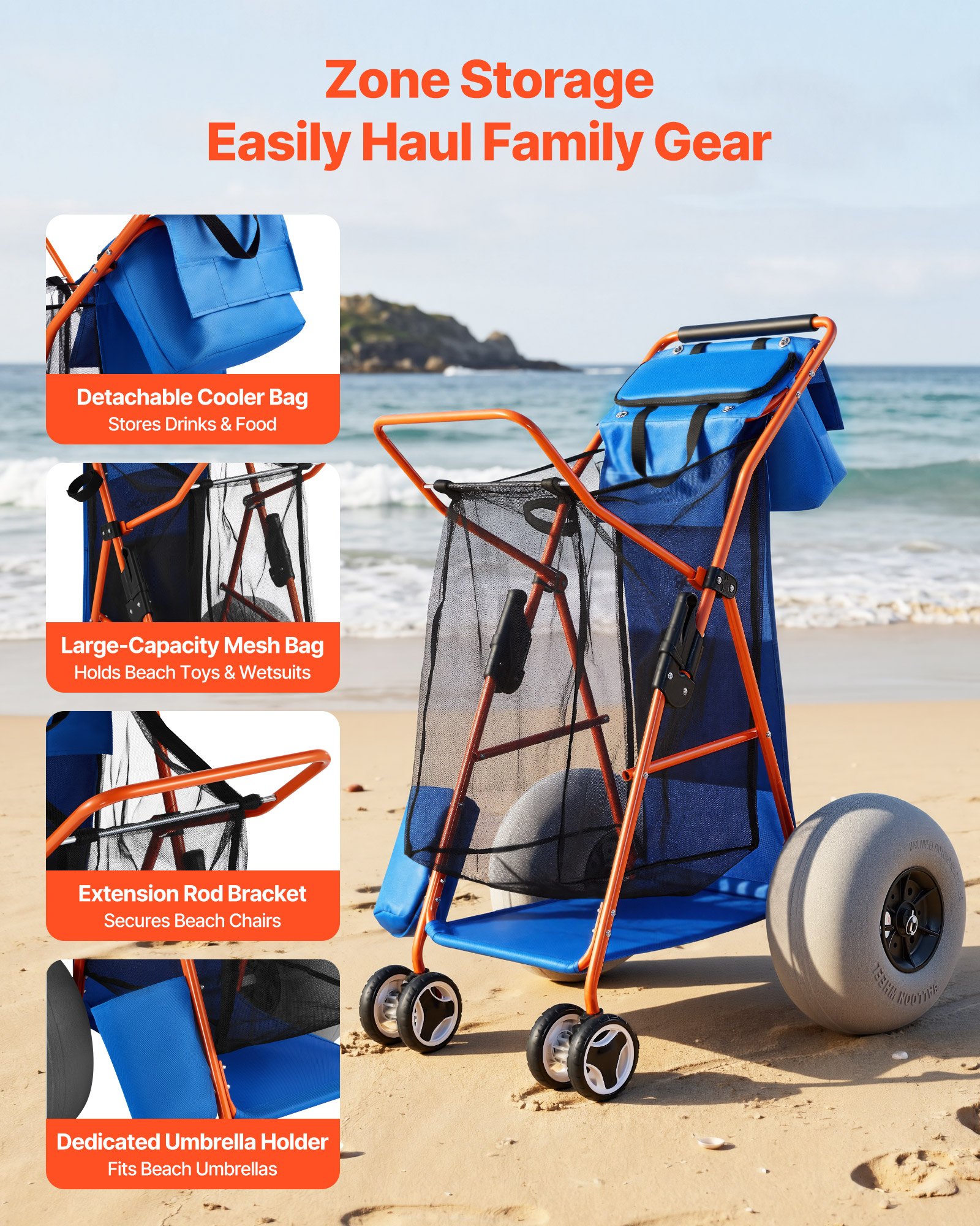 VEVOR Carro de Playa con Ruedas de Globo, Carrito Plegable Capacidad de Carga de 75 kg, con Bolsa Térmica, Soporte para Sombrilla, Marco de Acero para Camping, Pesca, Eventos Deportivos, Picnics