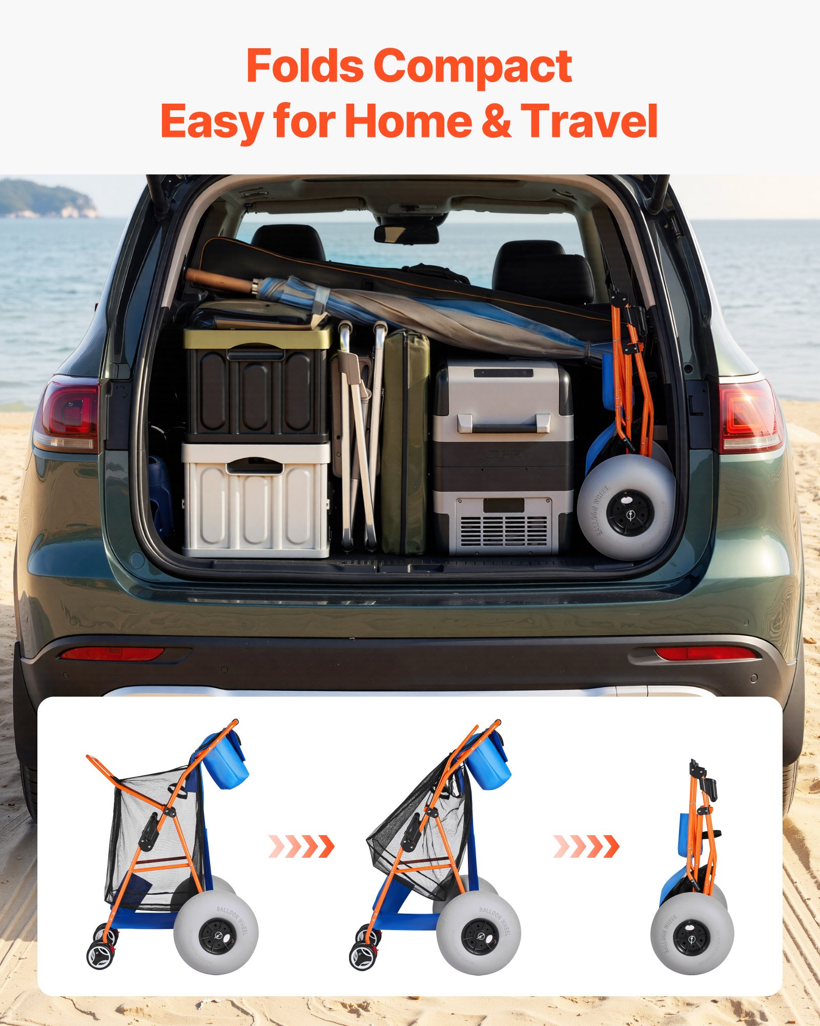 VEVOR Carro de Playa con Ruedas de Globo, Carrito Plegable Capacidad de Carga de 75 kg, con Bolsa Térmica, Soporte para Sombrilla, Marco de Acero para Camping, Pesca, Eventos Deportivos, Picnics