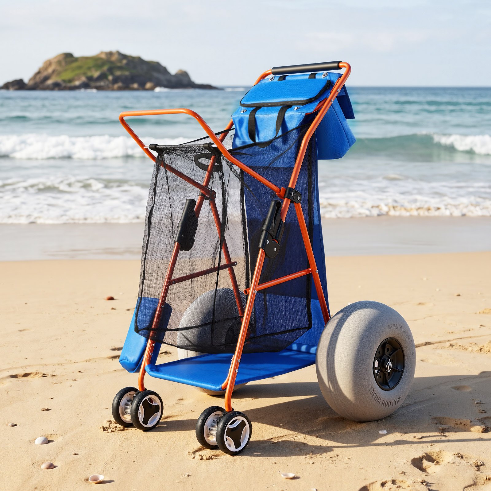 VEVOR Carro de Playa con Ruedas de Globo, Carrito Plegable Capacidad de Carga de 75 kg, con Bolsa Térmica, Soporte para Sombrilla, Marco de Acero para Camping, Pesca, Eventos Deportivos, Picnics