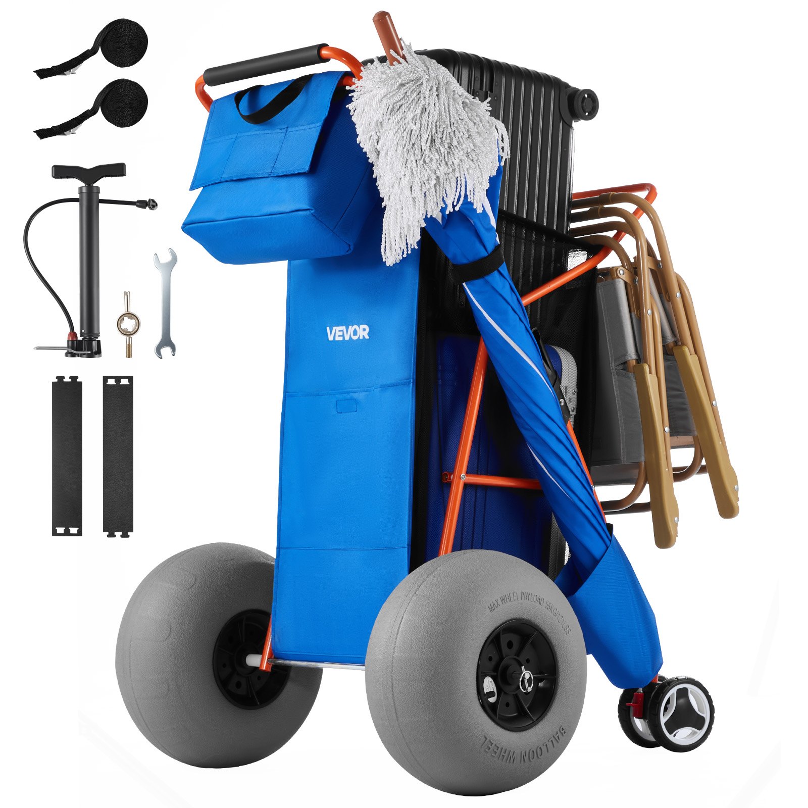 VEVOR Carro de Playa con Ruedas de Globo, Carrito Plegable Capacidad de Carga de 75 kg, con Bolsa Térmica, Soporte para Sombrilla, Marco de Acero para Camping, Pesca, Eventos Deportivos, Picnics