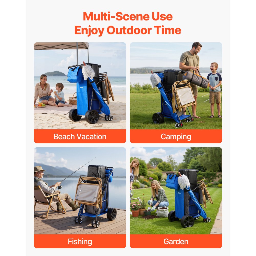 VEVOR Carro de Playa con Ruedas Macizas, Carrito Plegable Capacidad de Carga de 75 kg, con Bolsa Térmica, Soporte para Sombrilla, Marco de Acero, para Camping, Pesca, Eventos Deportivos, Picnics