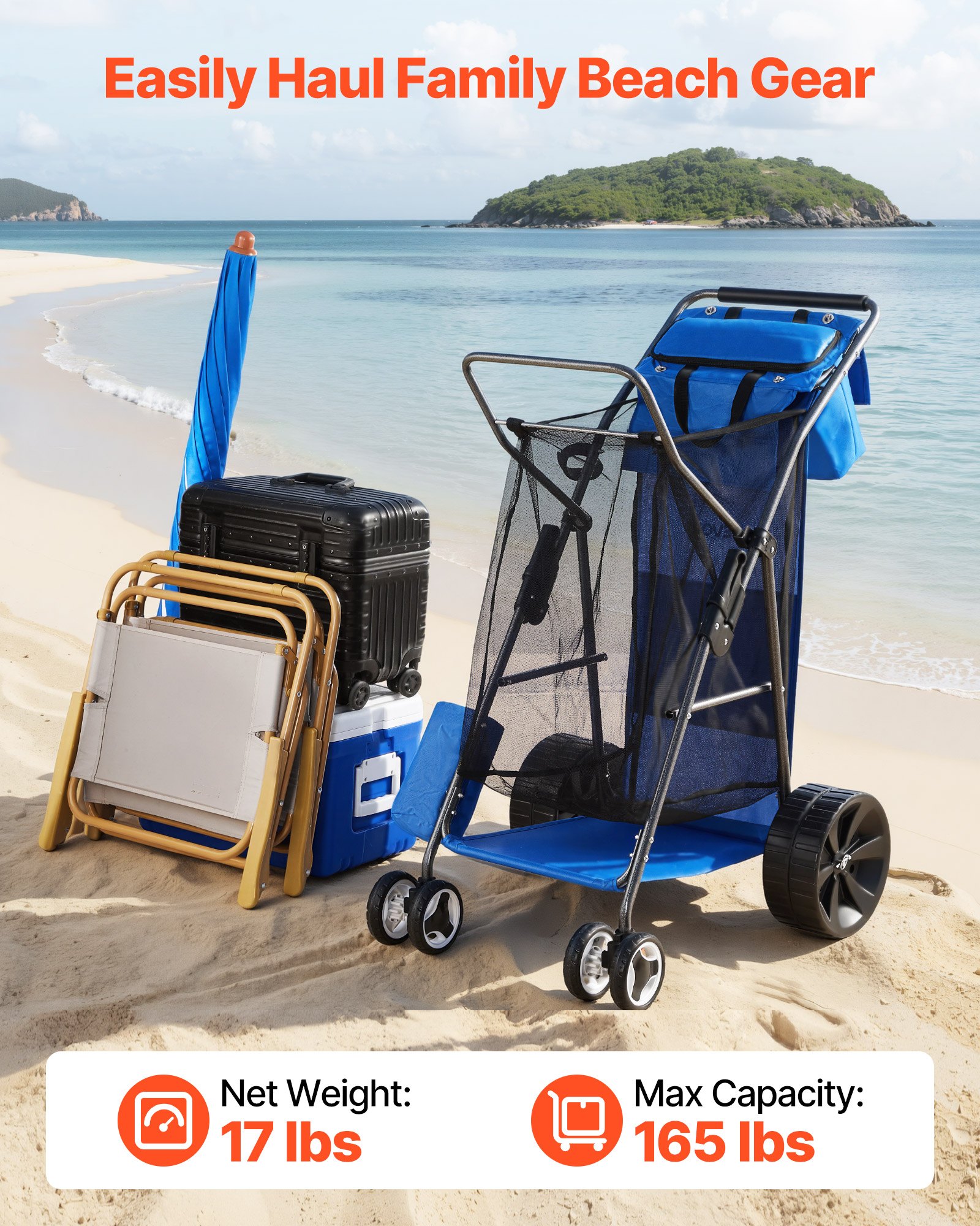 VEVOR Carro de Playa con Ruedas Macizas, Carrito Plegable Capacidad de Carga de 75 kg, con Bolsa Térmica, Soporte para Sombrilla, Marco de Acero, para Camping, Pesca, Eventos Deportivos, Picnics