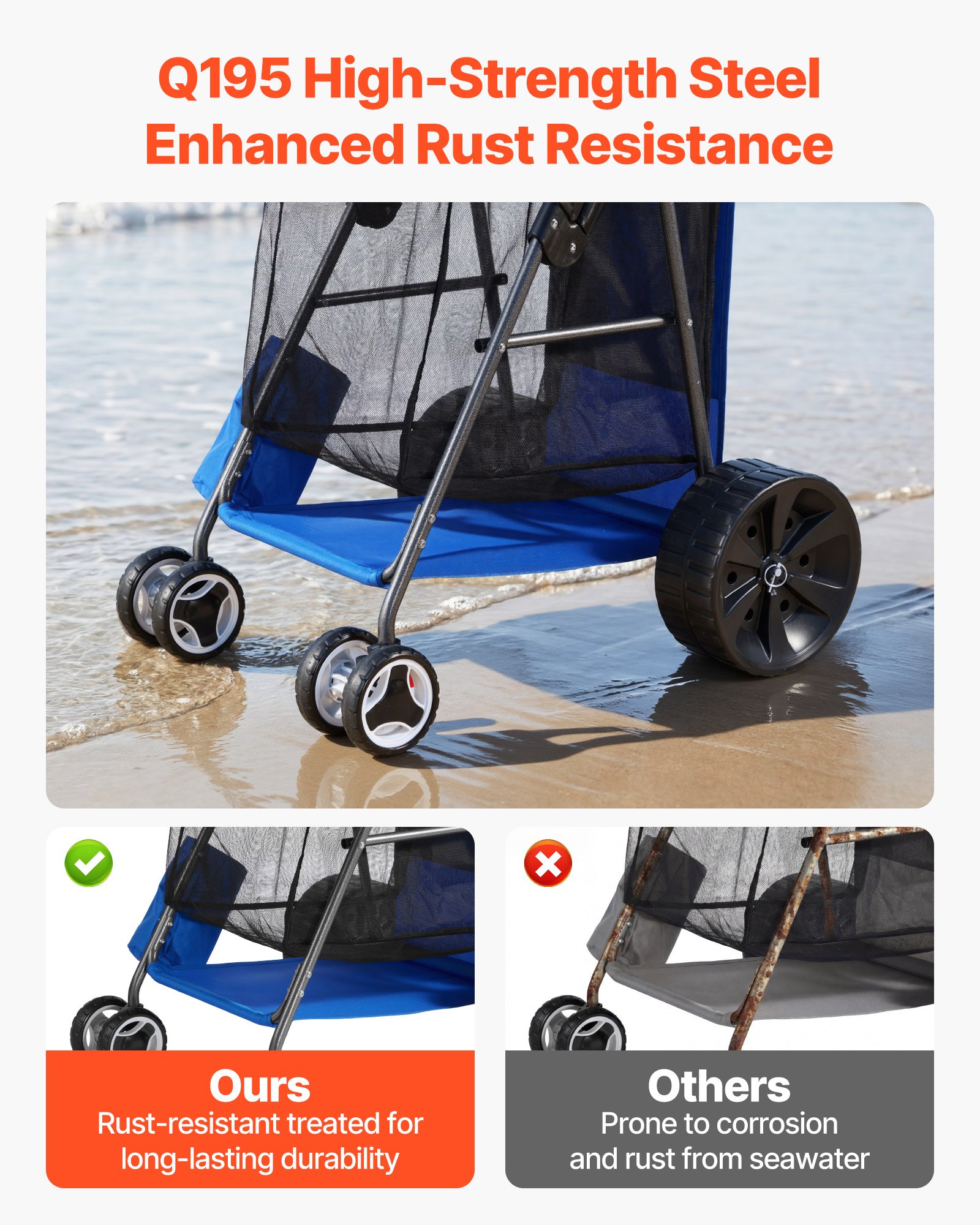 VEVOR Carro de Playa con Ruedas Macizas, Carrito Plegable Capacidad de Carga de 75 kg, con Bolsa Térmica, Soporte para Sombrilla, Marco de Acero, para Camping, Pesca, Eventos Deportivos, Picnics