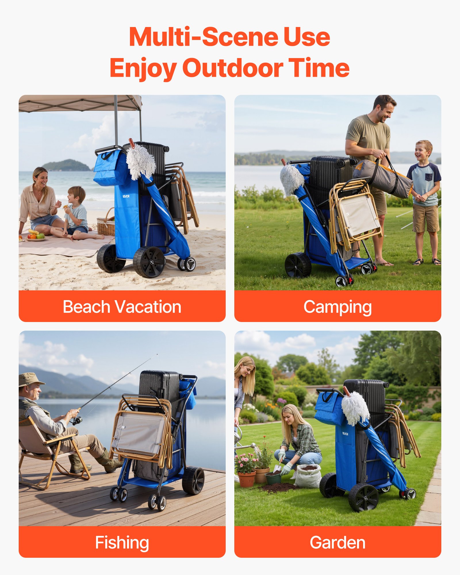 VEVOR Carro de Playa con Ruedas Macizas, Carrito Plegable Capacidad de Carga de 75 kg, con Bolsa Térmica, Soporte para Sombrilla, Marco de Acero, para Camping, Pesca, Eventos Deportivos, Picnics