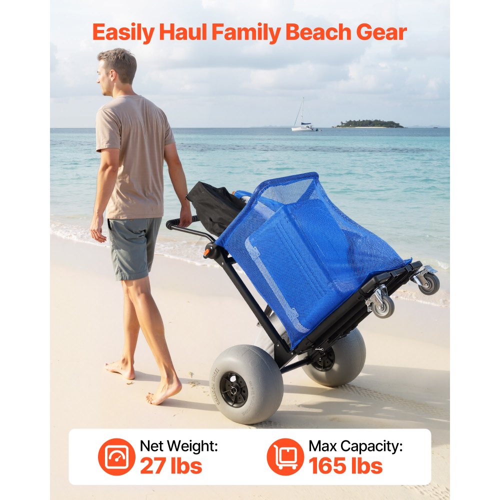 VEVOR Carro de Playa con Ruedas de Globo, Carrito Plegable Capacidad de Carga de 75 kg, con Bolsa de Almacenamiento, Manillar Ajustable a 180°, para Camping, Pesca, Eventos Deportivos, Picnics