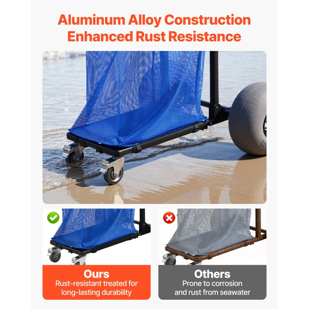 VEVOR Carro de Playa con Ruedas de Globo, Carrito Plegable Capacidad de Carga de 75 kg, con Bolsa de Almacenamiento, Manillar Ajustable a 180°, para Camping, Pesca, Eventos Deportivos, Picnics