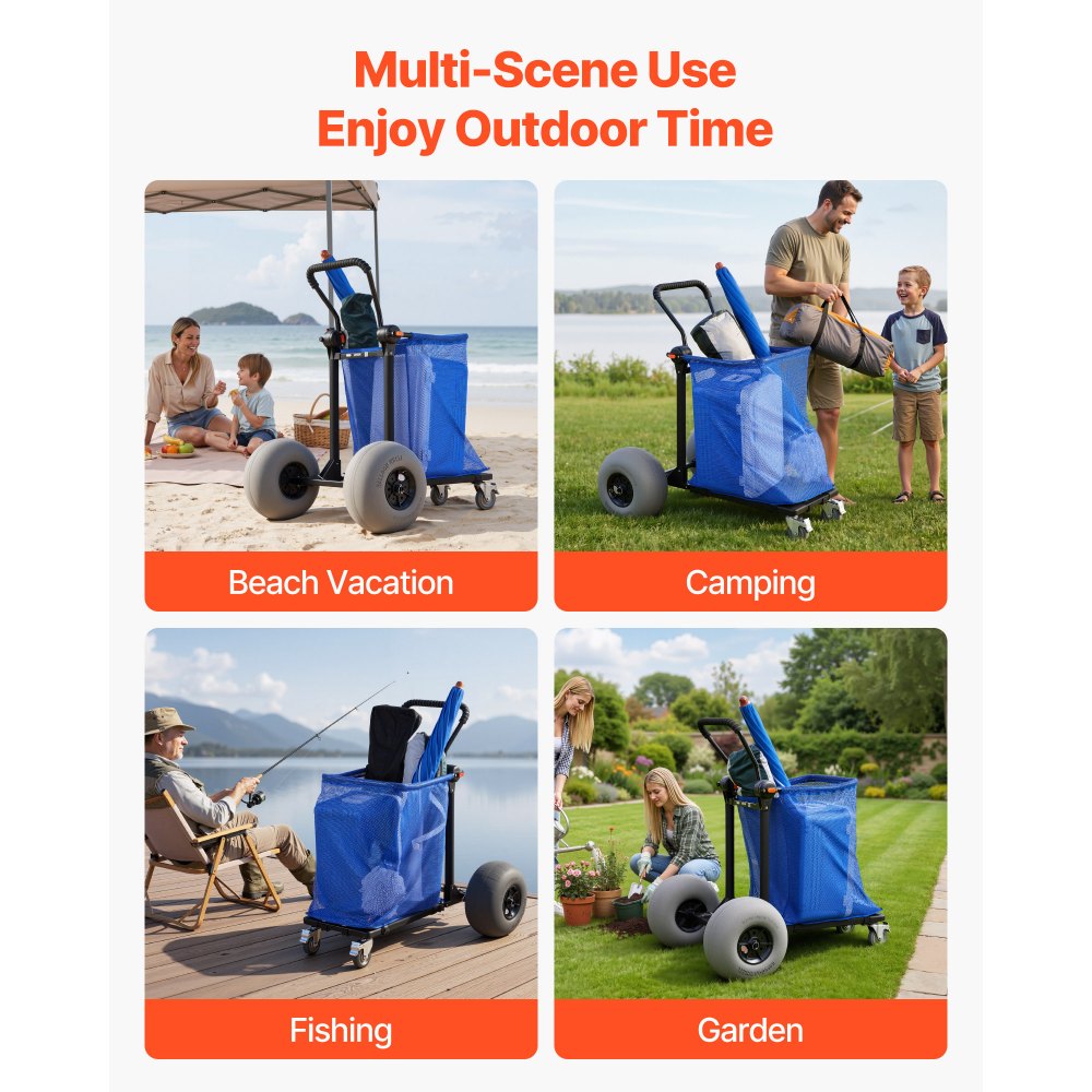 VEVOR Carro de Playa con Ruedas de Globo, Carrito Plegable Capacidad de Carga de 75 kg, con Bolsa de Almacenamiento, Manillar Ajustable a 180°, para Camping, Pesca, Eventos Deportivos, Picnics