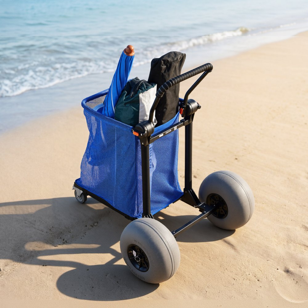 VEVOR Carro de Playa con Ruedas de Globo, Carrito Plegable Capacidad de Carga de 75 kg, con Bolsa de Almacenamiento, Manillar Ajustable a 180°, para Camping, Pesca, Eventos Deportivos, Picnics