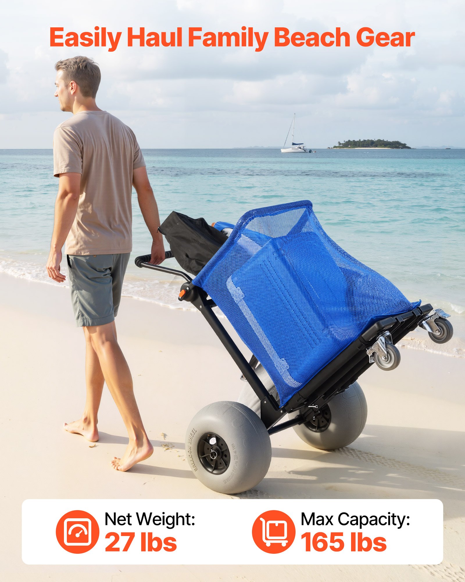 VEVOR Carro de Playa con Ruedas de Globo, Carrito Plegable Capacidad de Carga de 75 kg, con Bolsa de Almacenamiento, Manillar Ajustable a 180°, para Camping, Pesca, Eventos Deportivos, Picnics