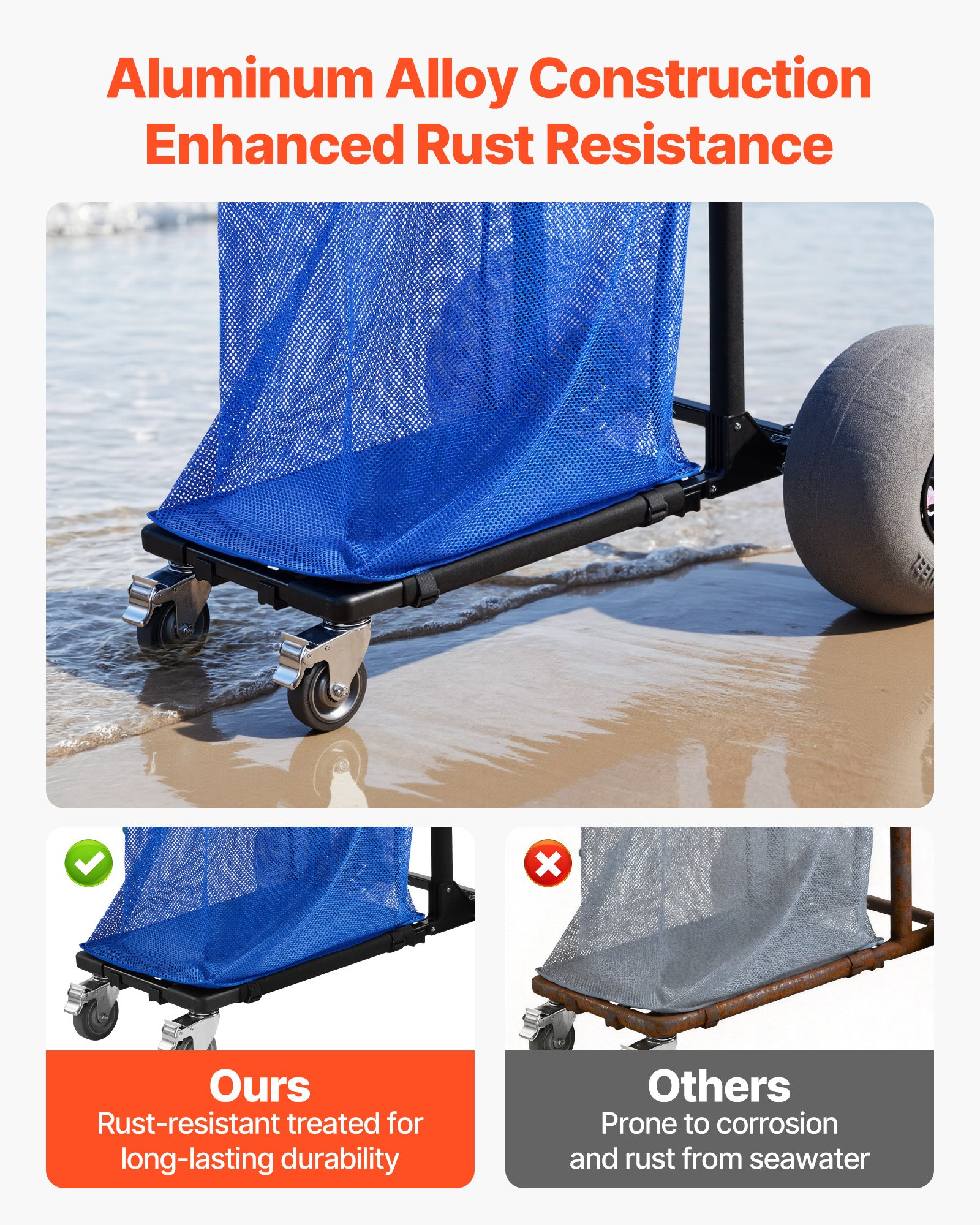 VEVOR Carro de Playa con Ruedas de Globo, Carrito Plegable Capacidad de Carga de 75 kg, con Bolsa de Almacenamiento, Manillar Ajustable a 180°, para Camping, Pesca, Eventos Deportivos, Picnics