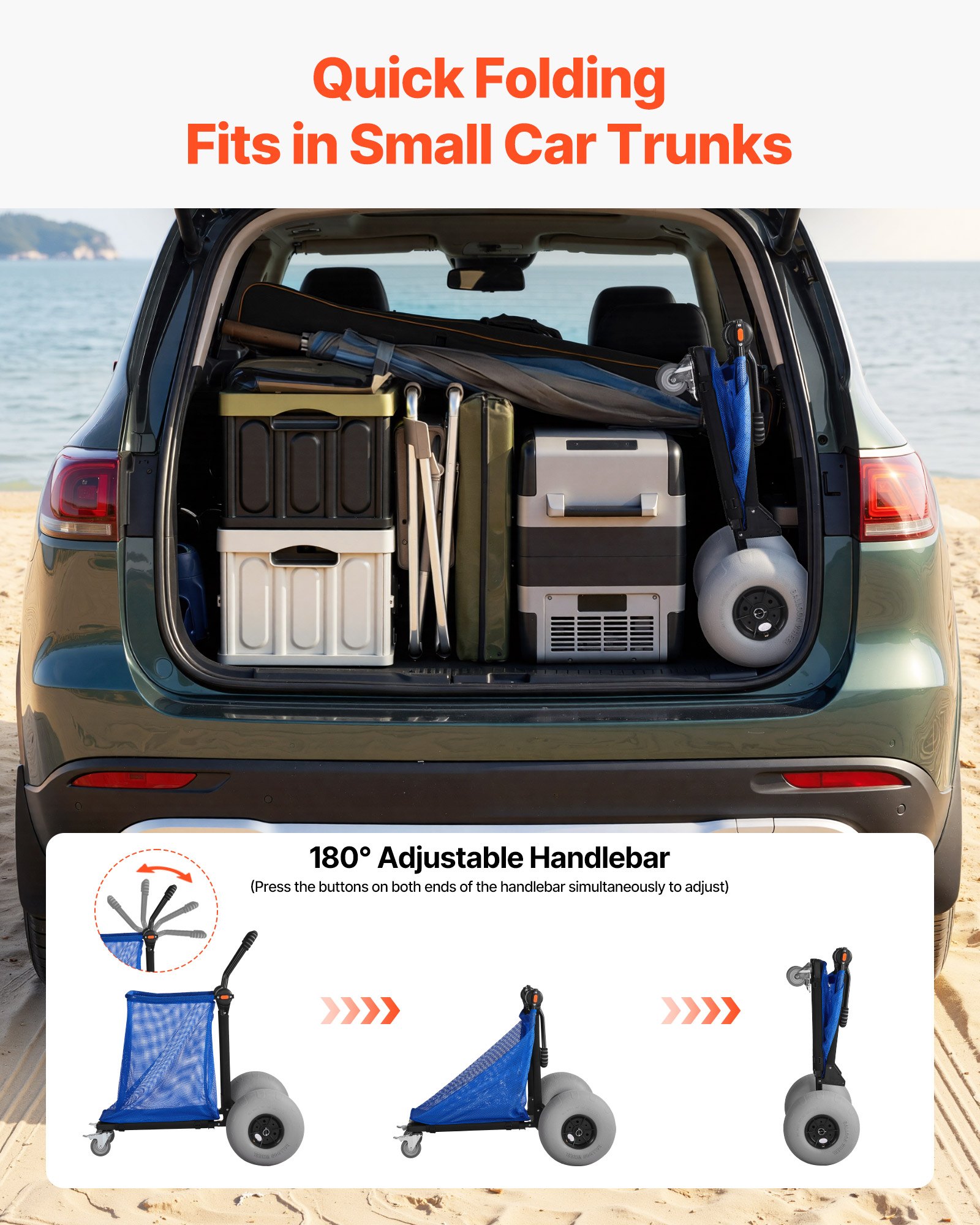 VEVOR Carro de Playa con Ruedas de Globo, Carrito Plegable Capacidad de Carga de 75 kg, con Bolsa de Almacenamiento, Manillar Ajustable a 180°, para Camping, Pesca, Eventos Deportivos, Picnics