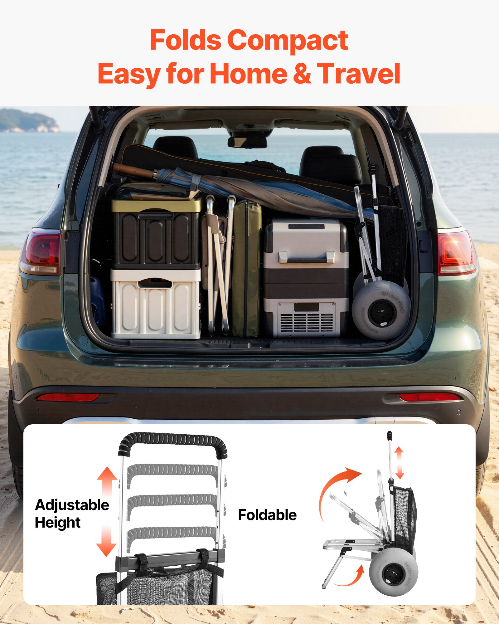 VEVOR Carro de Playa con Ruedas de Globo, Carrito Plegable, Capacidad de Carga de 75 kg, con Plataforma de Carga, Asa Ajustable de 4 Niveles, para Camping, Pesca, Eventos Deportivos, Picnics