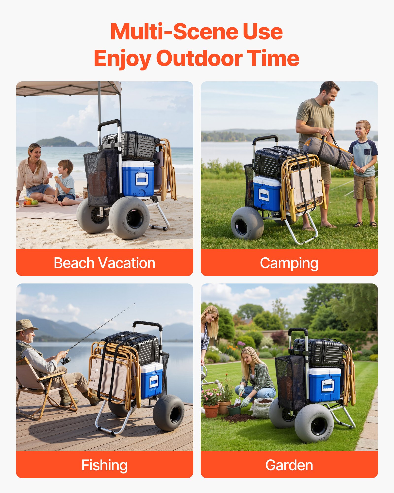 VEVOR Carro de Playa con Ruedas de Globo, Carrito Plegable, Capacidad de Carga de 75 kg, con Plataforma de Carga, Asa Ajustable de 4 Niveles, para Camping, Pesca, Eventos Deportivos, Picnics