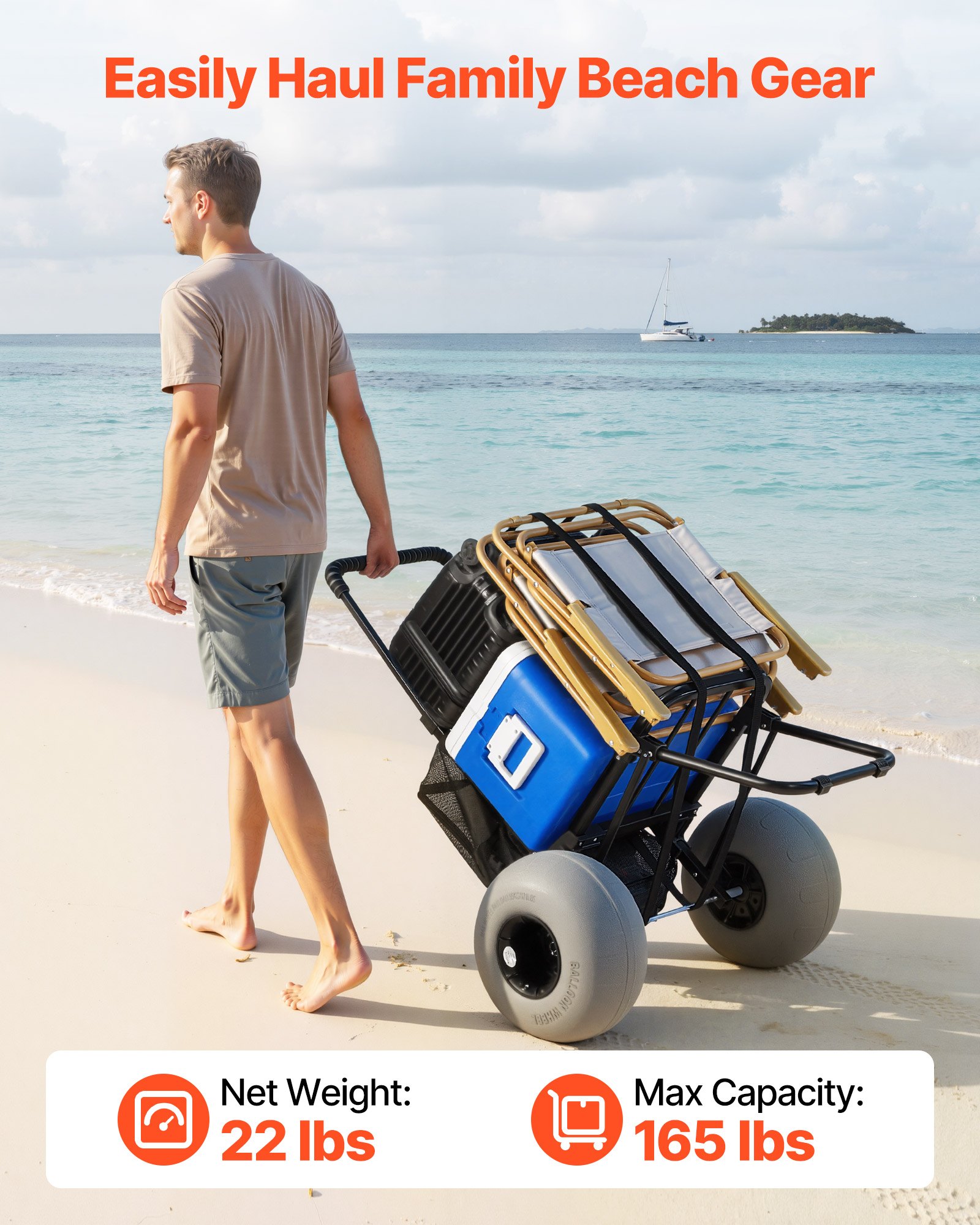 VEVOR Carro de Playa con Ruedas de Globo, Carrito Plegable Capacidad de Carga de 75 kg, Altura Ajustable de 85,5 a 115 cm, con Estructura de Acero, para Camping, Pesca, Eventos Deportivos, Picnics