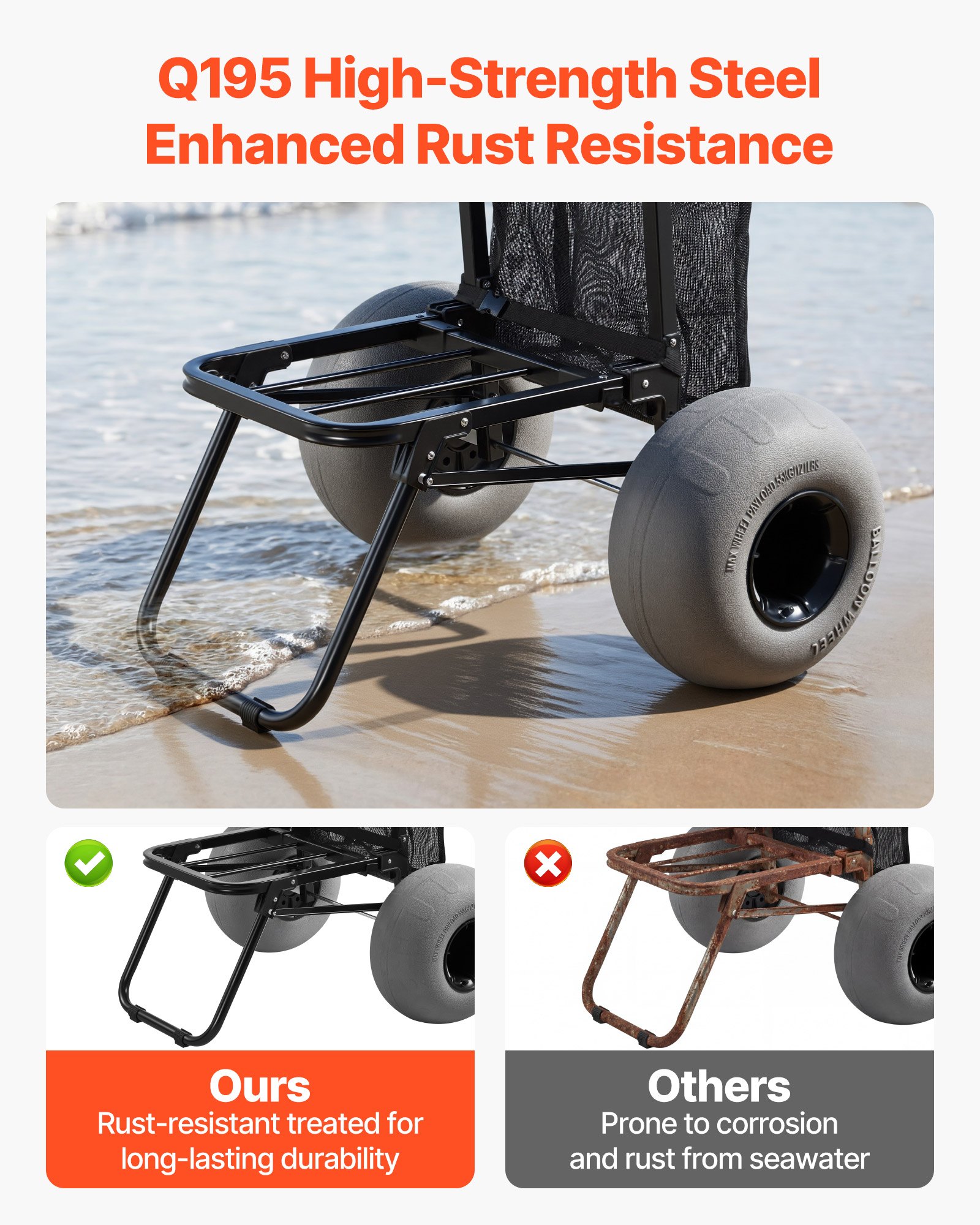 VEVOR Carro de Playa con Ruedas de Globo, Carrito Plegable Capacidad de Carga de 75 kg, Altura Ajustable de 85,5 a 115 cm, con Estructura de Acero, para Camping, Pesca, Eventos Deportivos, Picnics