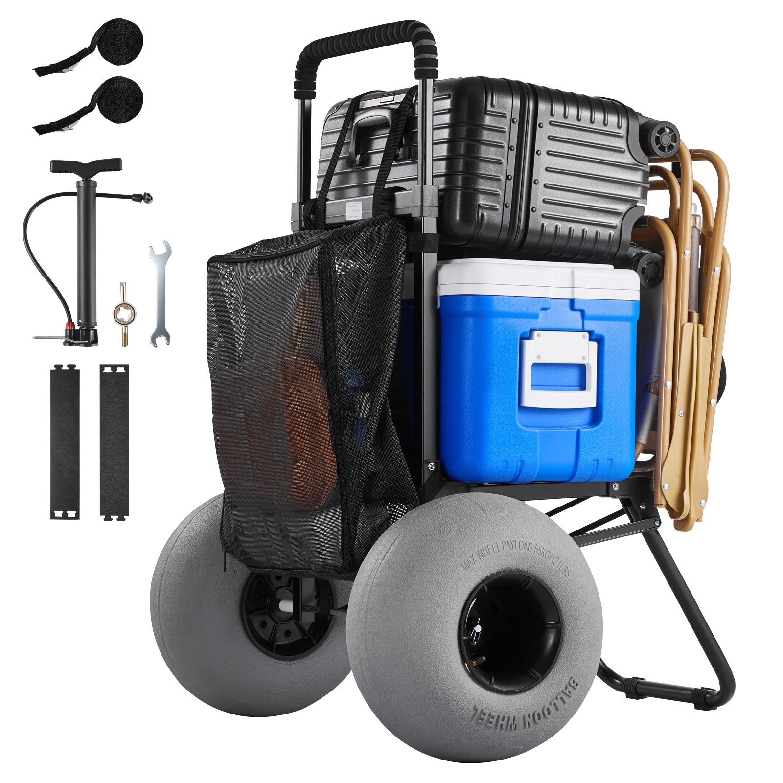 VEVOR Carro de Playa con Ruedas de Globo, Carrito Plegable Capacidad de Carga de 75 kg, Altura Ajustable de 85,5 a 115 cm, con Estructura de Acero, para Camping, Pesca, Eventos Deportivos, Picnics