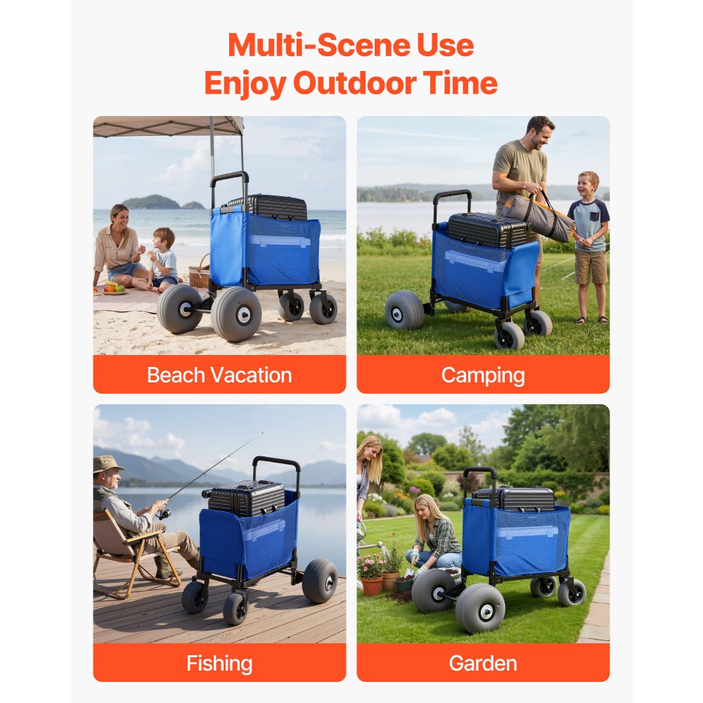 VEVOR Carro de Playa con Ruedas de Globo, Carrito Plegable Capacidad de Carga de 75 kg, con Asa Ajustable de 4 Niveles, Bolsa de Almacenamiento, para Camping, Pesca, Eventos Deportivos, Picnics