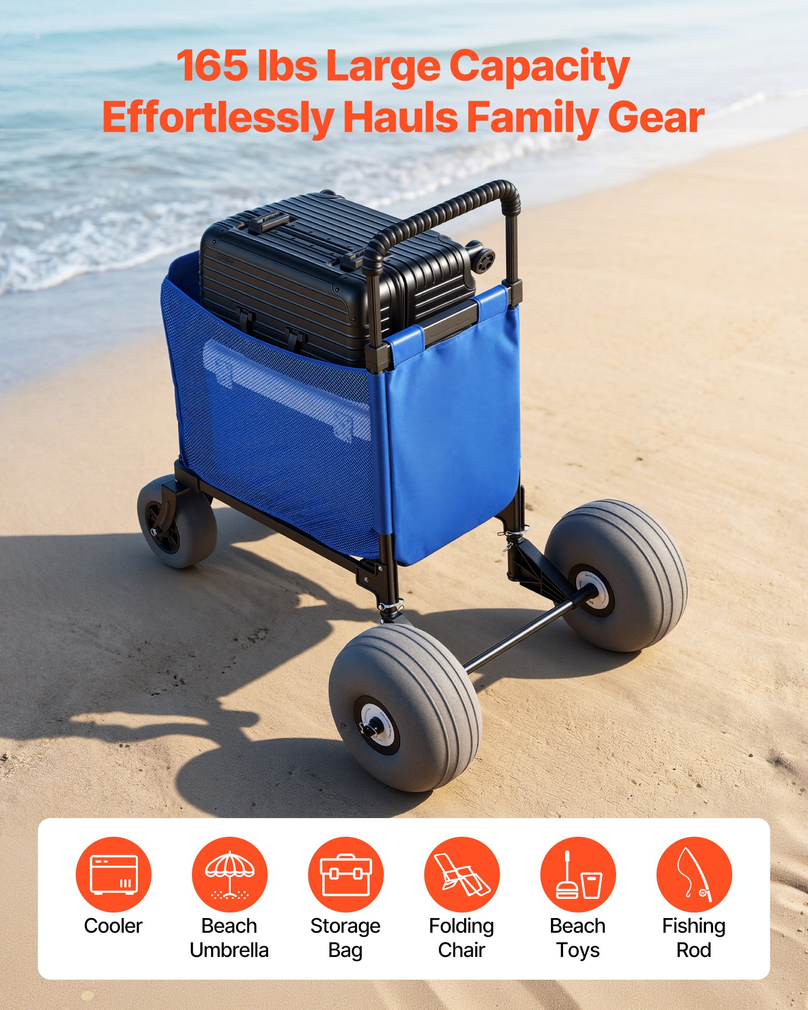 VEVOR Carro de Playa con Ruedas de Globo, Carrito Plegable Capacidad de Carga de 75 kg, con Asa Ajustable de 4 Niveles, Bolsa de Almacenamiento, para Camping, Pesca, Eventos Deportivos, Picnics