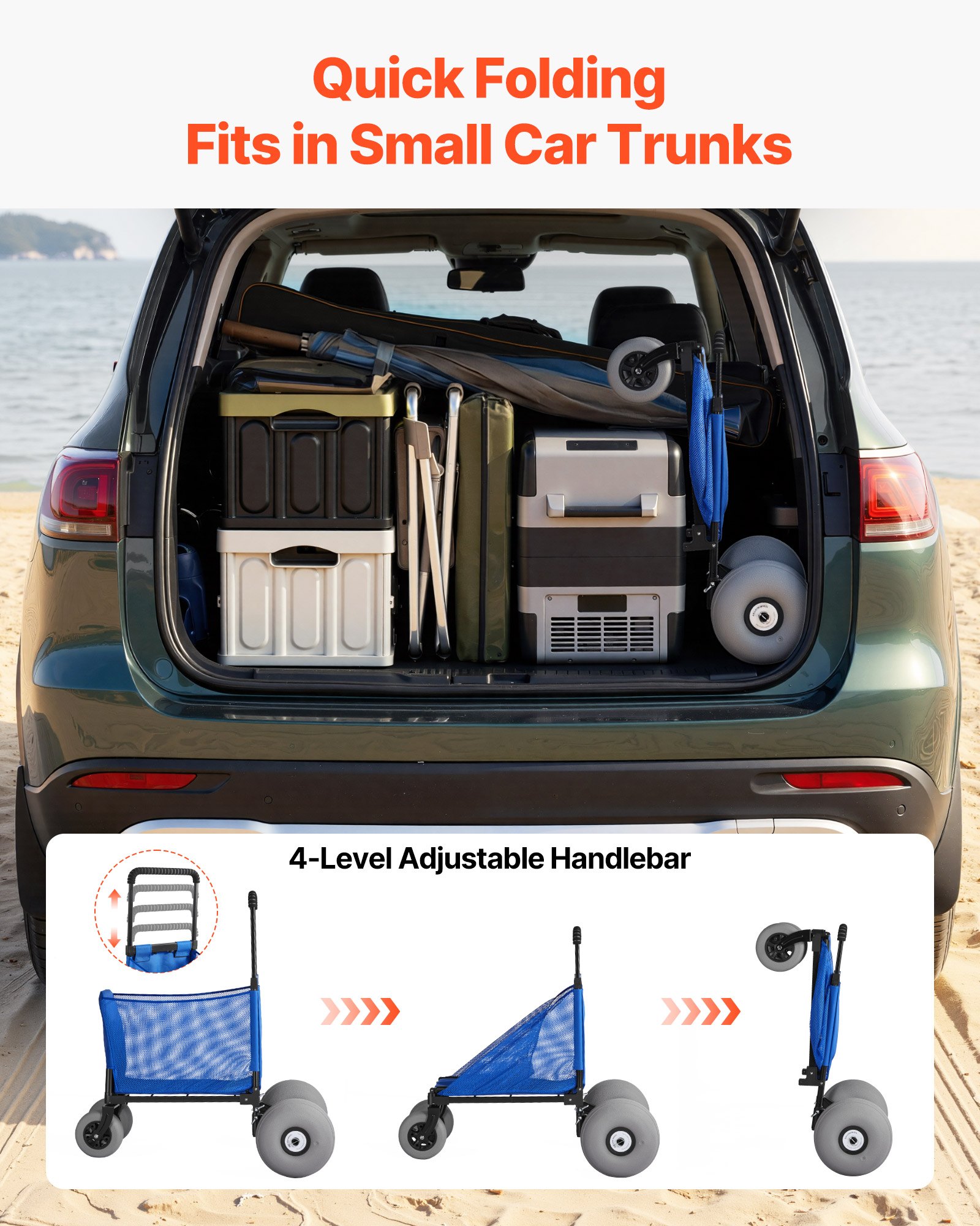 VEVOR Carro de Playa con Ruedas de Globo, Carrito Plegable Capacidad de Carga de 75 kg, con Asa Ajustable de 4 Niveles, Bolsa de Almacenamiento, para Camping, Pesca, Eventos Deportivos, Picnics