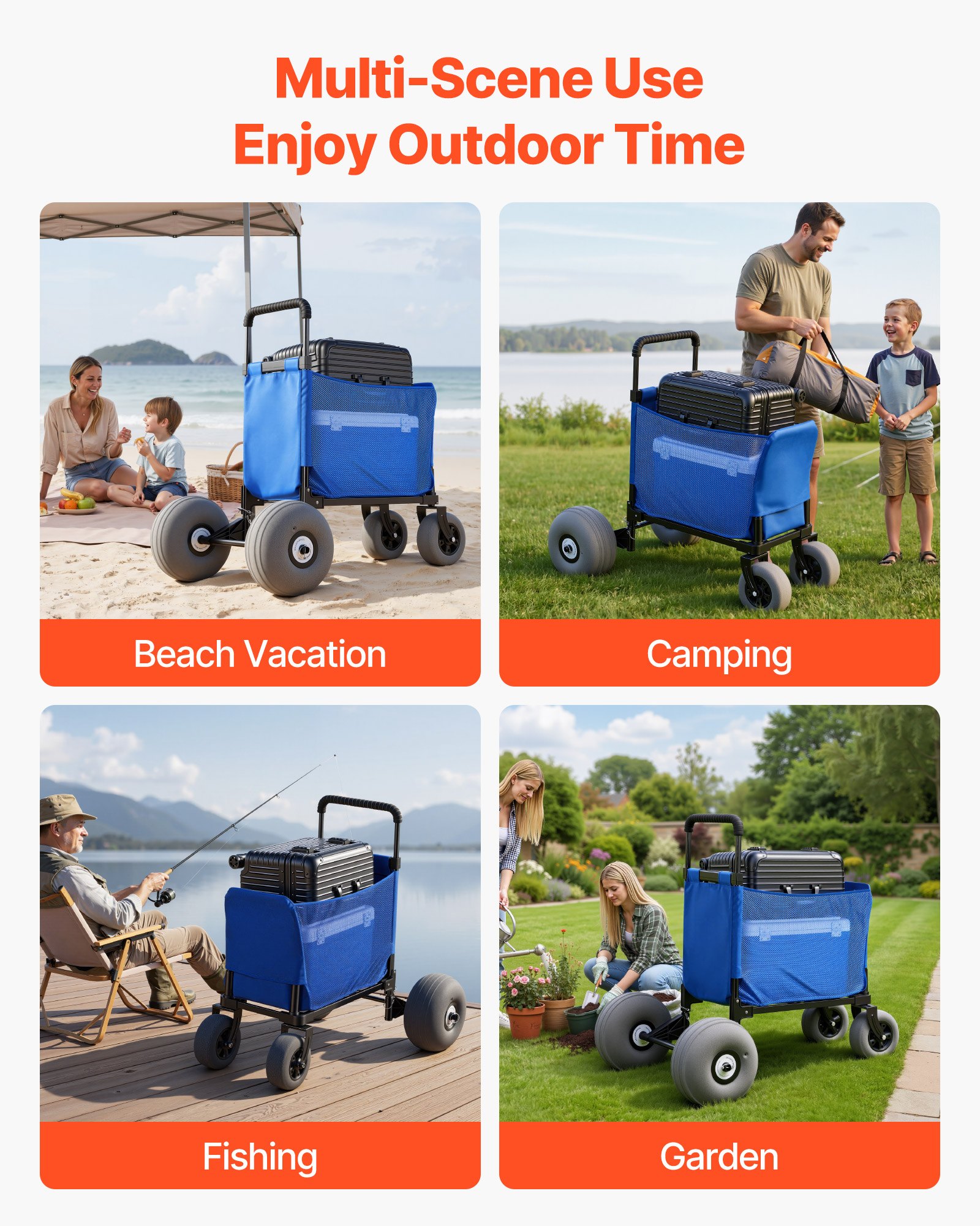 VEVOR Carro de Playa con Ruedas de Globo, Carrito Plegable Capacidad de Carga de 75 kg, con Asa Ajustable de 4 Niveles, Bolsa de Almacenamiento, para Camping, Pesca, Eventos Deportivos, Picnics