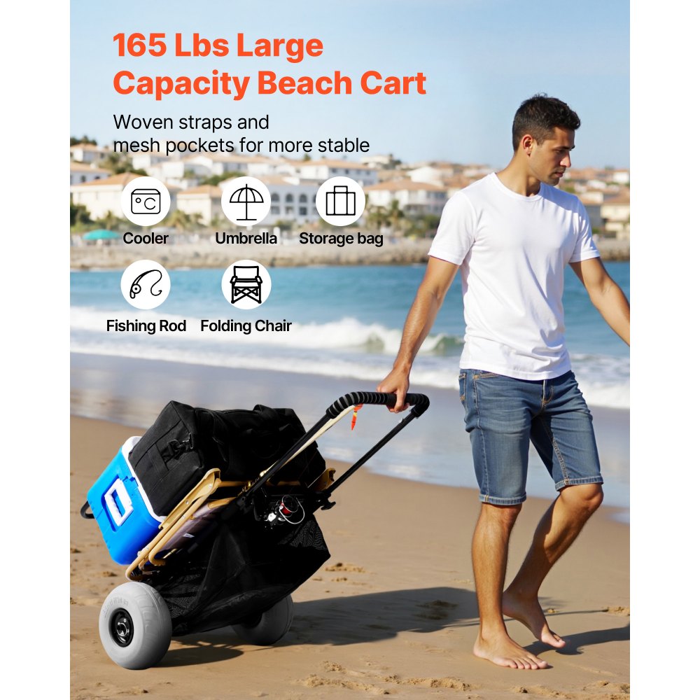 VEVOR Carrito de Playa con Ruedas Sólidas  para Arena, Plataforma de Carga de 510 x 370 mm, Carro de Arena Plegables y Altura Ajustable Carro Resistente para pícnica, Camp, Pesca, Playa, Jardinería