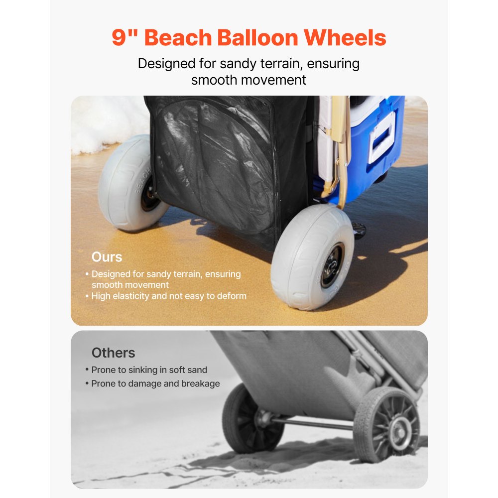 VEVOR Carrito de Playa con Ruedas Sólidas  para Arena, Plataforma de Carga de 510 x 370 mm, Carro de Arena Plegables y Altura Ajustable Carro Resistente para pícnica, Camp, Pesca, Playa, Jardinería