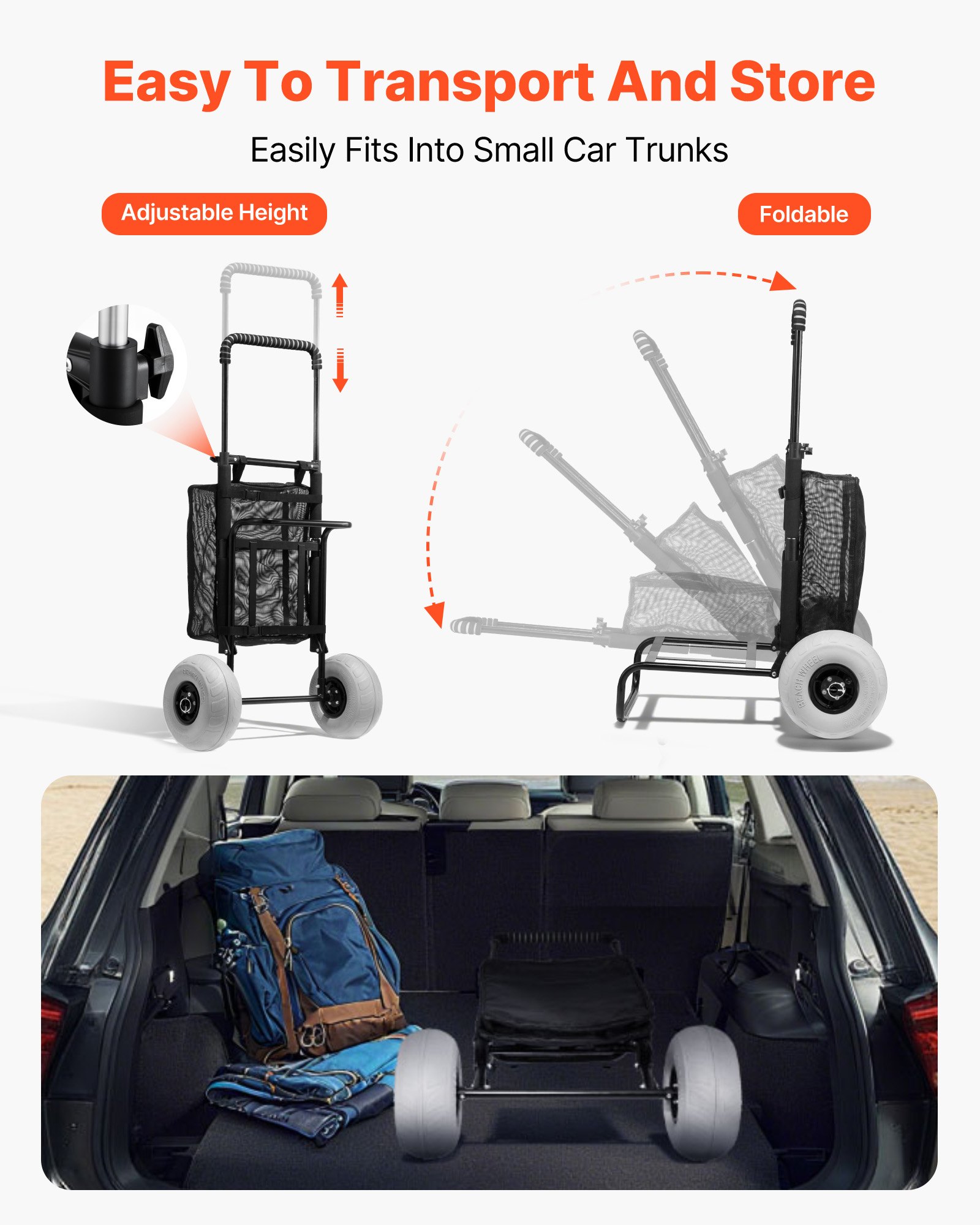 VEVOR Carrito de Playa con Ruedas Sólidas  para Arena, Plataforma de Carga de 510 x 370 mm, Carro de Arena Plegables y Altura Ajustable Carro Resistente para pícnica, Camp, Pesca, Playa, Jardinería