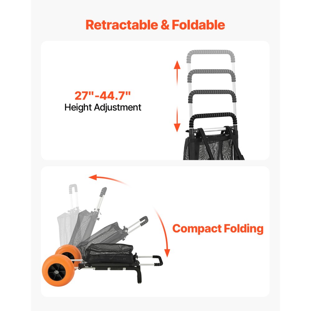 VEVOR Beach Cart, Sand Cart, 74.84 kg Load Capacity, Foldable Aluminum Sand Cart, 685-1135 mm Adjustable Height, 76 x 39 cm Loading Area