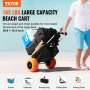 Carrito de playa VEVOR sobre arena con hielera, bolsas de almacenamiento y sombrilla, ideal para transportar artículos de playa.