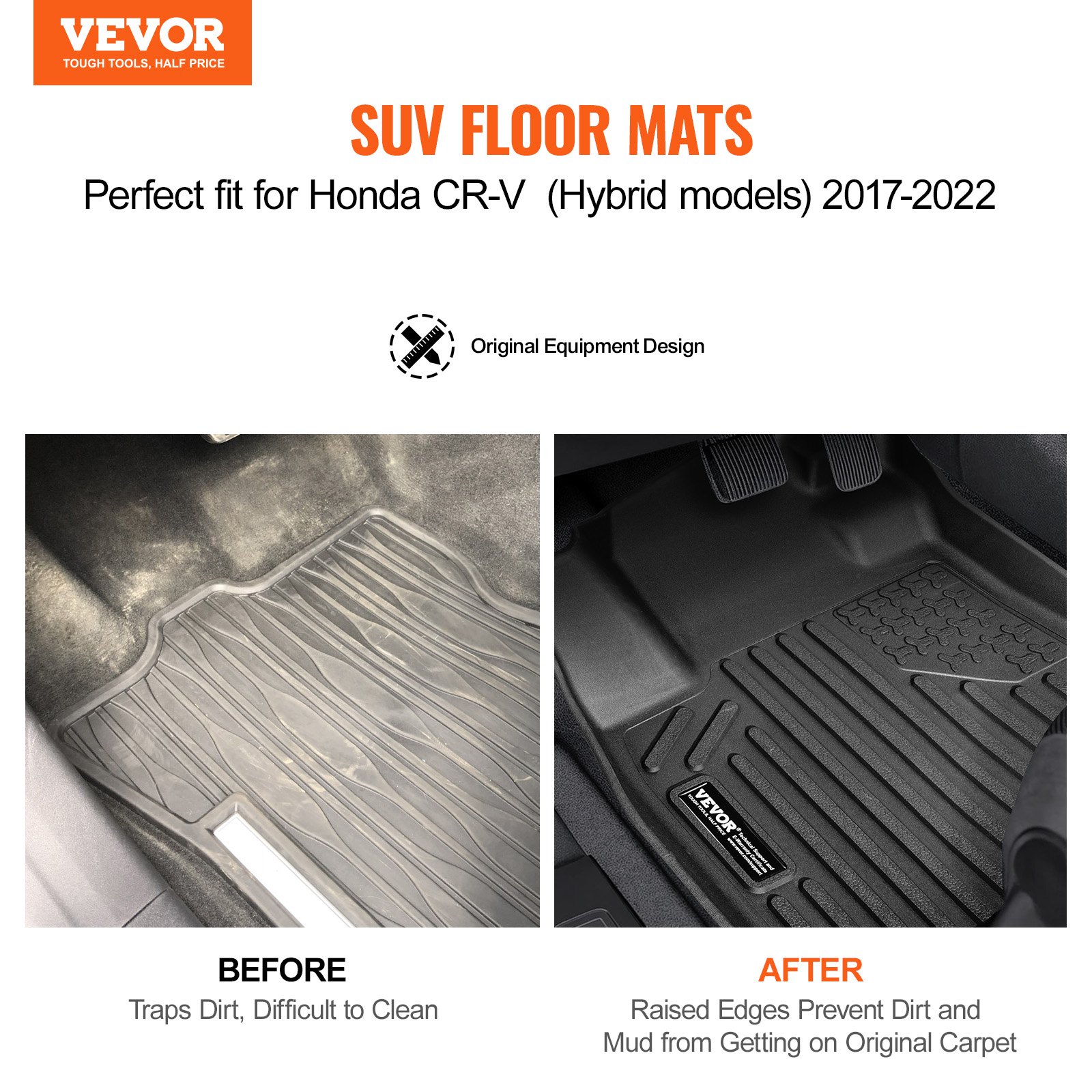 VEVOR Alfombrillas para el Suelo de Coche, Honda CR-V(Modelos Híbridos) 2017-2022, 3 Piezas de Revestimientos para la Primera y Segunda Fila, TPE, para Todo Tipo de Clima, Fácil de Limpiar, Negro