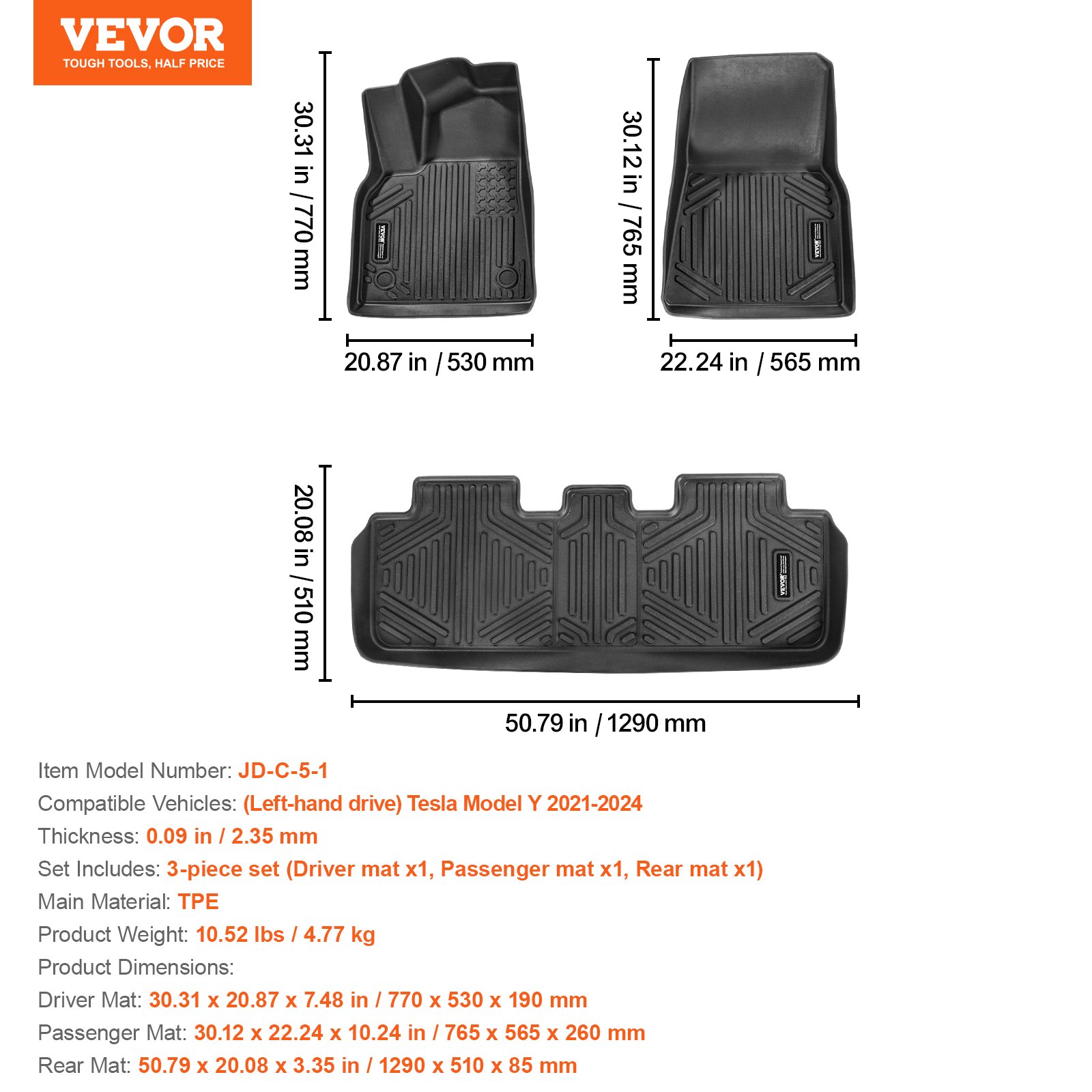 VEVOR Alfombrillas para el Suelo de Coche, Tesla Model Y 2021-2024, 3 Piezas de Revestimientos para la Primera y Segunda Fila, TPE, para Todo Tipo de Clima, Fácil de Limpiar y Seguro para SUV, Negro