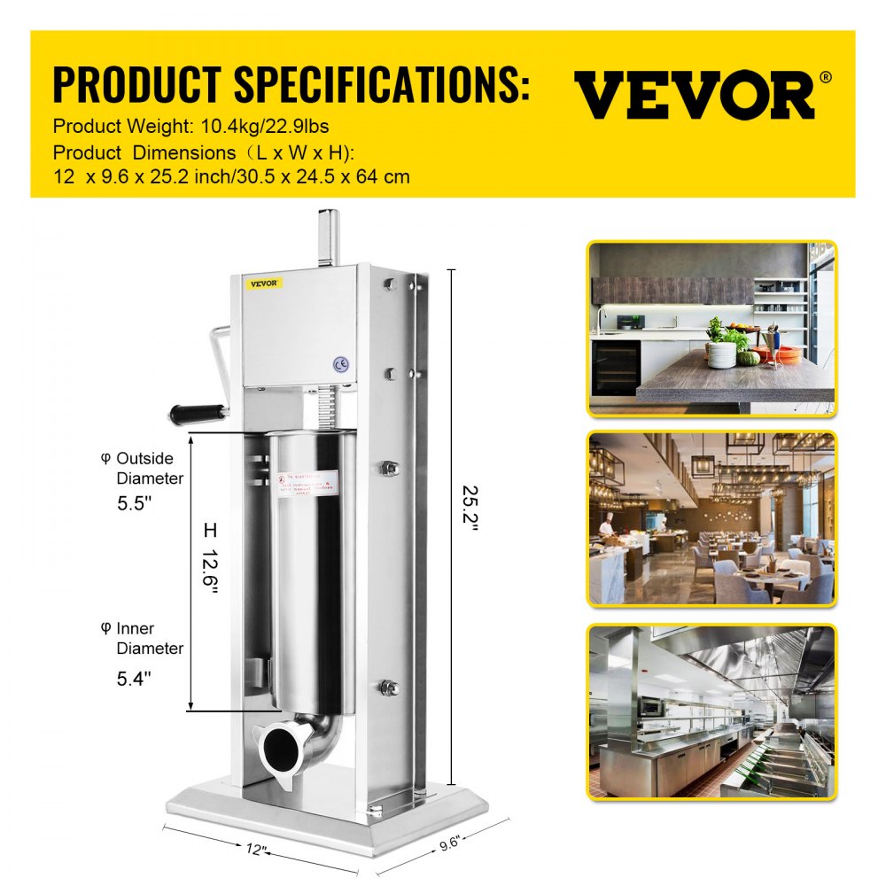 VEVOR Embutidora De Salchichas Vertical Acero Inoxidable Dos Velocidades 5L Es Perfecto para Hacer Salchichas Chorizo Hot Dogs Bratwurst Etc Adecuado Tanto para Uso Doméstico Como Comercial