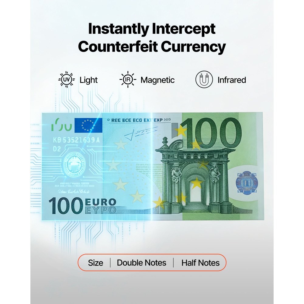 VEVOR Contadora de Billetes con Detección de Billetes Falsos, Máquina Contadora de Dinero Compatible con Múltiples Divisas CIS/UV/MG/IR/DD/DBL/HLF/CHN, con Pantalla a Color y Externa, Conteo Rápido
